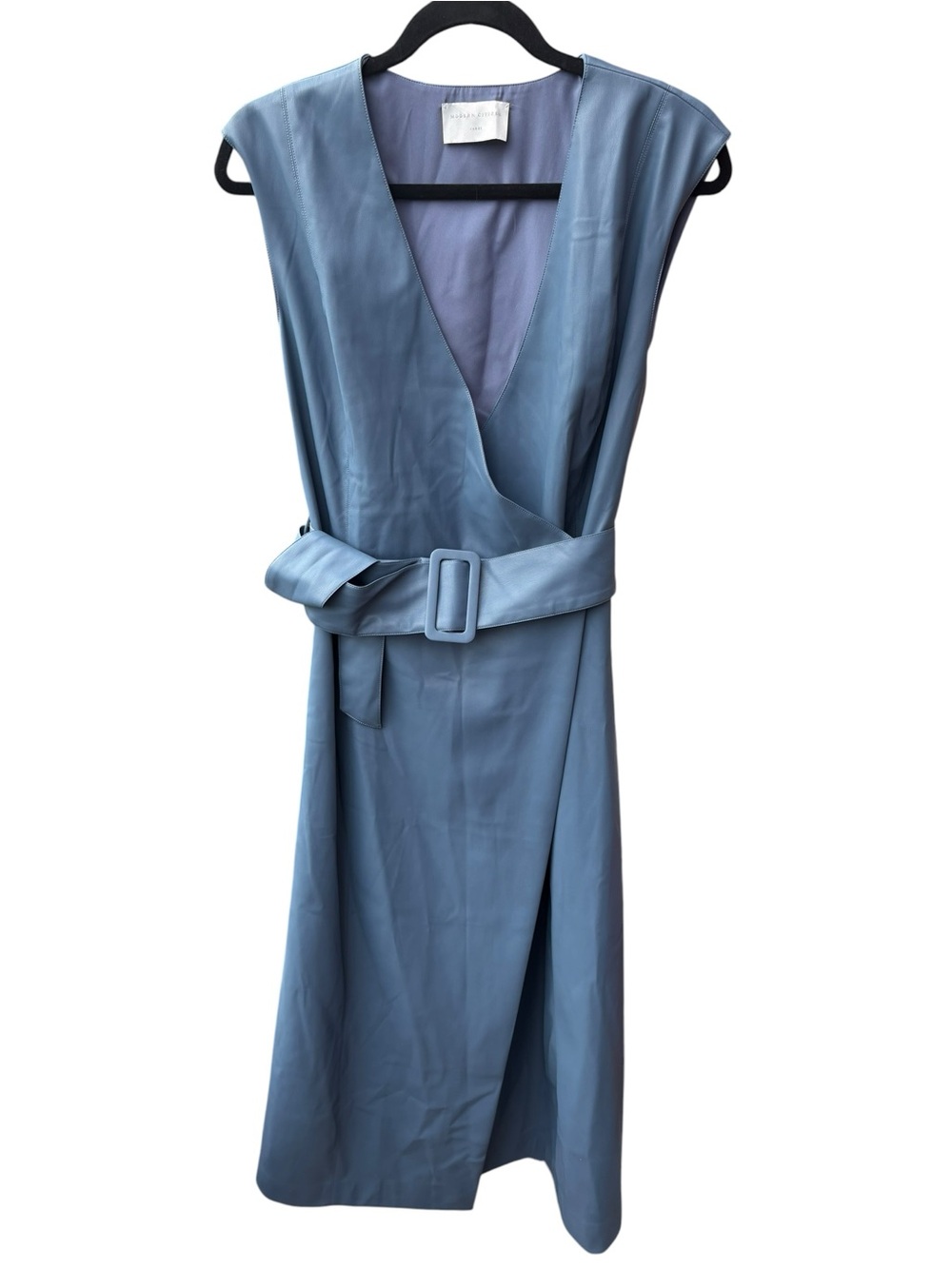 Modern Citizen Pilar Vegan Leather Wrap Midi Dress Slate Blue Large NWOT
